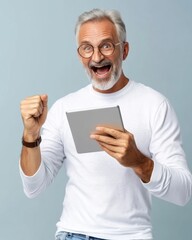 Excited senior man celebrating digital achievement at home tablet in hand bright indoor environment joyful concept