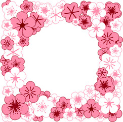Spring flowers circle round frame of cherry blossoms in square. Graphic vector illustration.