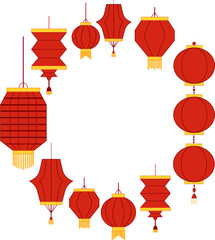 Paper red lanterns round circle frame template. Vector graphic illustration for icon, vip card, certificate, gift voucher. Chinese new year