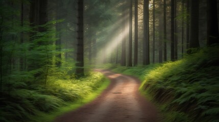 Fototapeta premium Sunbeams Illuminate Forest Path Through Lush Green Ferns