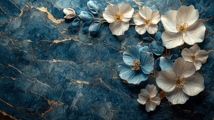 A floral design featuring blue and white flowers on a textured blue background.