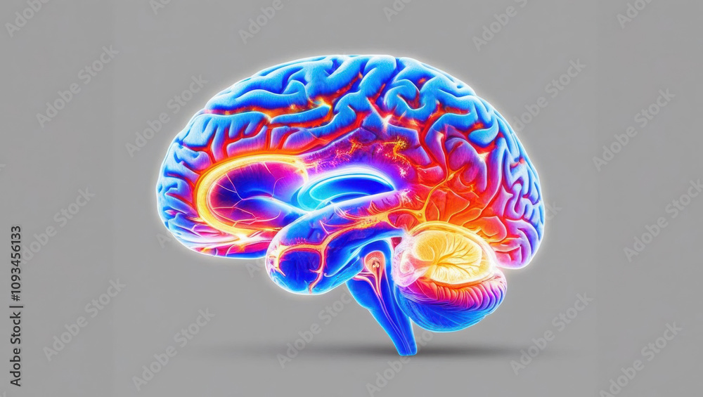 Poster brain illuminated with vibrant fractals, showcasing neuron activity and diversity of thought process