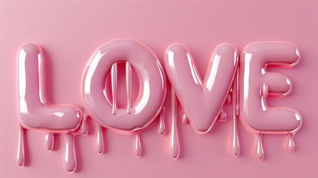 liquid love art, digital banner featuring d love text in liquid-drip style on pink backdrop, with pastel shades, cute vibe, and hyper-realistic design