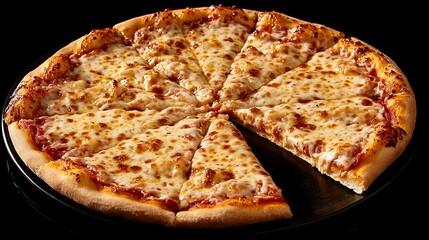 A sliced cheese pizza on a black background, ready to be served and enjoyed.