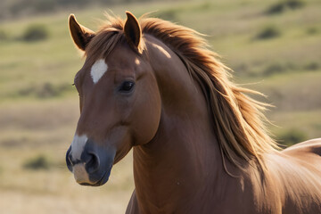 Obraz premium Chestnut horse posing in green meadow