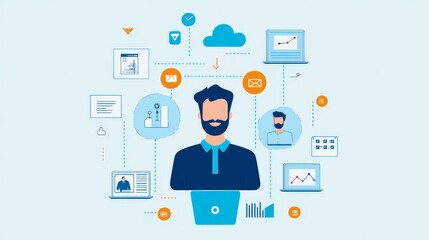 Businessman Working On Laptop With Cloud Computing,  Social Media, Email, And Data Analysis Icons