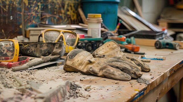 Work gloves and safety glasses resting on dusty workbench in workshop