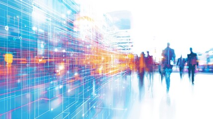 Naklejka premium Digital Network Cityscape - Silhouettes of Business People Walking in a Futuristic City