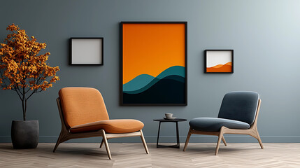 Fototapeta premium Modern living room seating area with stylish chairs artistic wall decor cozy home atmosphere indoor space warm color palette contemporary design