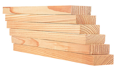 Stacks of pine boards isolated on a white background. Wooden boards in a woodworking industry. Pine lumber.