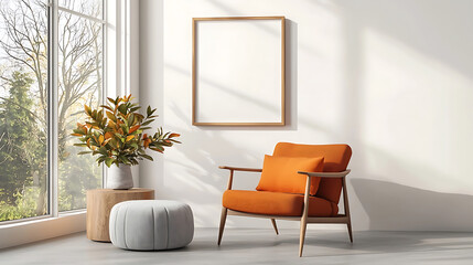 Stylish living room setup with cozy orange chair sunlit interior modern aesthetic nature-inspired view minimalist design concept for home decor
