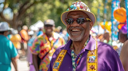 Obraz premium Smiling senior man enjoying caribbean festival in bright purple shirt