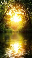 Obraz premium A tranquil forest scene at sunset, with sunlight filtering through lush trees, reflecting on a calm river surface.