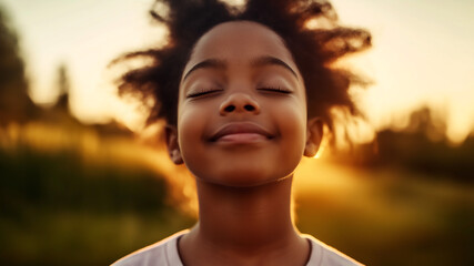 A girl with closed eyes, breathing deeply in the warm glow of sunset, symbolizing relaxation and mindfulness for mental health care. 