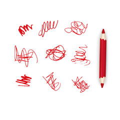 Various crayon or pencil drawn lines, curved strokes. Doodle grungy smears and rough crayon strokes