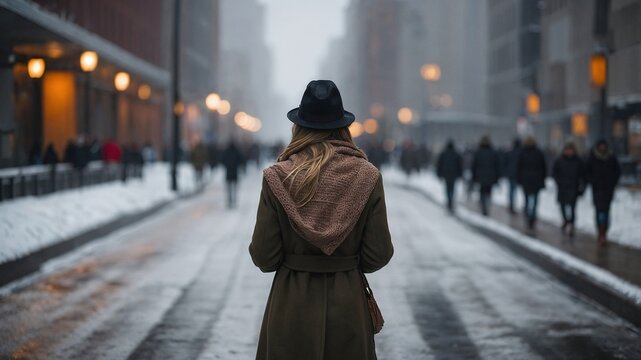 Mujer de espaldas caminando en una calle nevada con edificios y gente caminando