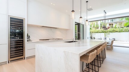 Modern white kitchen with island and wine fridge
