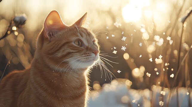 A ginger tabby cat playfully batting at falling snowflakes while standing in a snowy meadow with soft sunlight