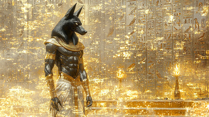 Egyptian god of the afterlife stands majestically in a golden, ancient setting with hieroglyphics and glowing lights