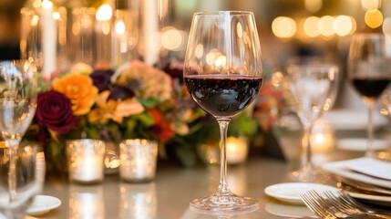 A wine glass is on a table with a vase of flowers and candles
