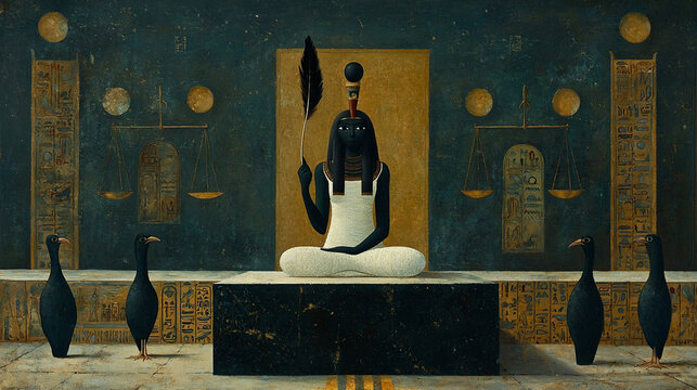 Maat the goddess of truth in an ancient Egyptian setting surrounded by symbols of justice and order
