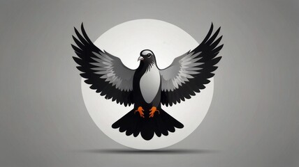 Obraz premium Majestic black and white dove with wings spread wide, centered in a white circle against a grey background.
