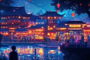 Obraz premium Pixel art night market scene shows vibrant glowing lanterns, detailed stalls. Characters dancing, moving in noisy atmosphere. Colorful shops line canal in Chinese-style city. People enjoying evening