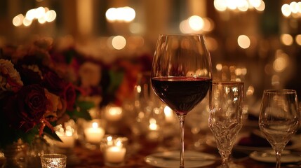 A table with a wine glass and a candle on it