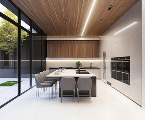The room features an island, bar counter, and grey chairs in the center of white floor tiles. 