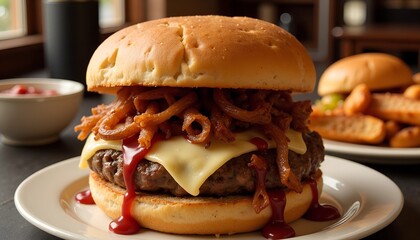Savory burger topped with crispy onions and melted cheese served in a cozy diner setting during afternoon
