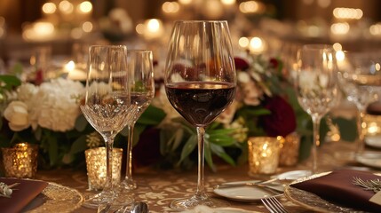 A table with a wine glass and a bunch of flowers