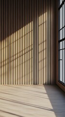 Modern interior space with wooden wall panels and large windows casting dramatic shadows, perfect for showcasing minimalist architecture and design concepts