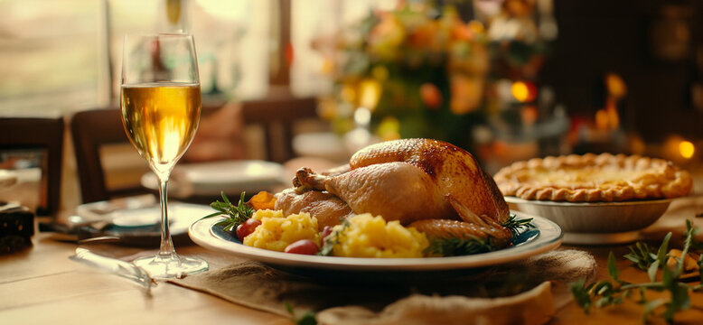 horizontal image, front view of a classic Christmas dinner lifestyle background with copy space for text. For banner, design, cover, etsy, shop, thumbnail, blog, social media, linkedin