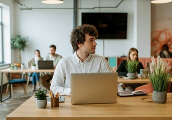 Fototapeta premium Young Man Working on Laptop in Modern Office