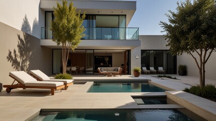 Fototapeta premium Modern minimalist house with infinity pool and patio.