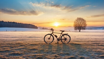 Obraz premium Bicycle on Frosted Meadow with Glassy Field