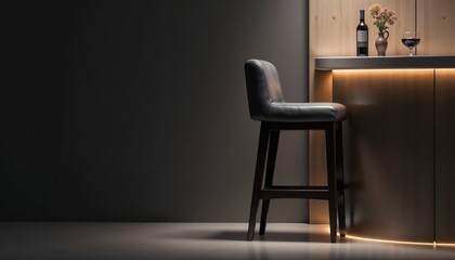 Minimalistic Black Bar Stool with Flat Seat at a Modern Bar Counter with Clean Lines and Reflective Surfaces