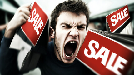 Chaotic shopper in a vivid display of outrage and emotional intensity, surrounded by Black Friday sale signage symbolizing the unsustainable and frantic nature of modern consumerism