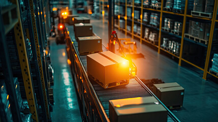 A bustling warehouse scene with automated systems transporting boxes, illuminated by orange lights, showcasing efficient logistics and inventory management.