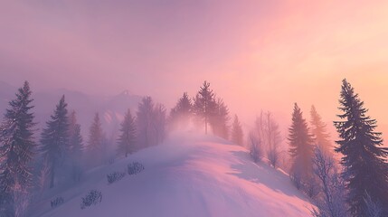 Obraz premium Winter sunrise over snowy hills forest landscape nature photography serene environment panoramic view tranquility concept
