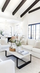 Fototapeta premium Bright and Airy Living Room with Neutral Decor, Cozy Textures, Stylish Furniture, and Contemporary Design Elements for Elegant Interior Spaces