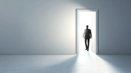 Fototapeta premium A Silhouetted Figure Stepping Through a Doorway into a Bright Light in a Minimalist Setting for Concept of New Beginnings and Opportunities
