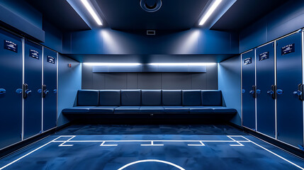 luxury locker room, upscale, modern locker room with blue and white basketball theme four empty cubbies with jerseys above benches, stylishly lit