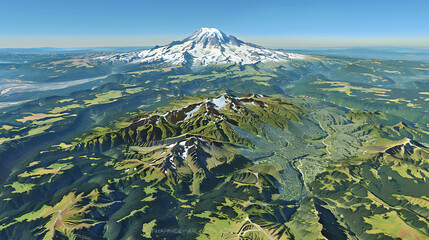 mountain topography integration, realistic topographical map overlay on an aerial image of mt ranier, combining vector graphics and photo realism