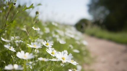 White Daisies Blooming Beside A Country Path