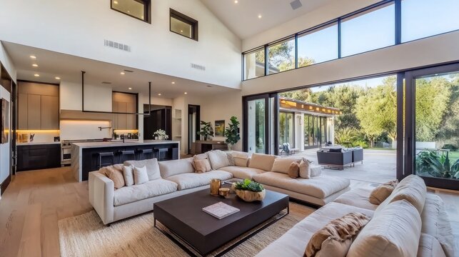 Modern living room with an open layout, featuring a large sectional sofa, coffee table, and stylish d?(C)cor. The bright space connects to an outdoor area, creating a serene ambiance.