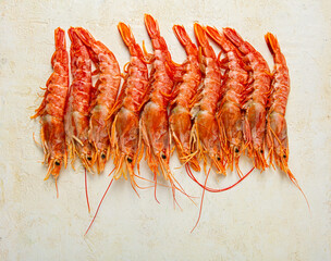 Langoustines, Australian, freshly frozen langoustines, on a light background, top view,