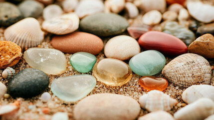 Obraz premium Admiring polished sea glass treasures at the beach nature's artistry close-up perspective aesthetic inspiration