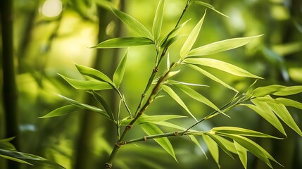 Fototapeta premium Close-up of bamboo leaves in a lush green environment, highlighting nature's beauty.