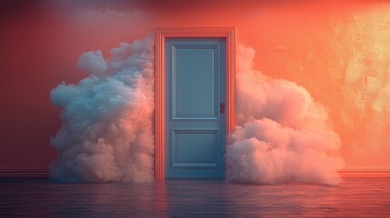A mysterious blue door surrounded by colorful clouds in a dimly lit room.